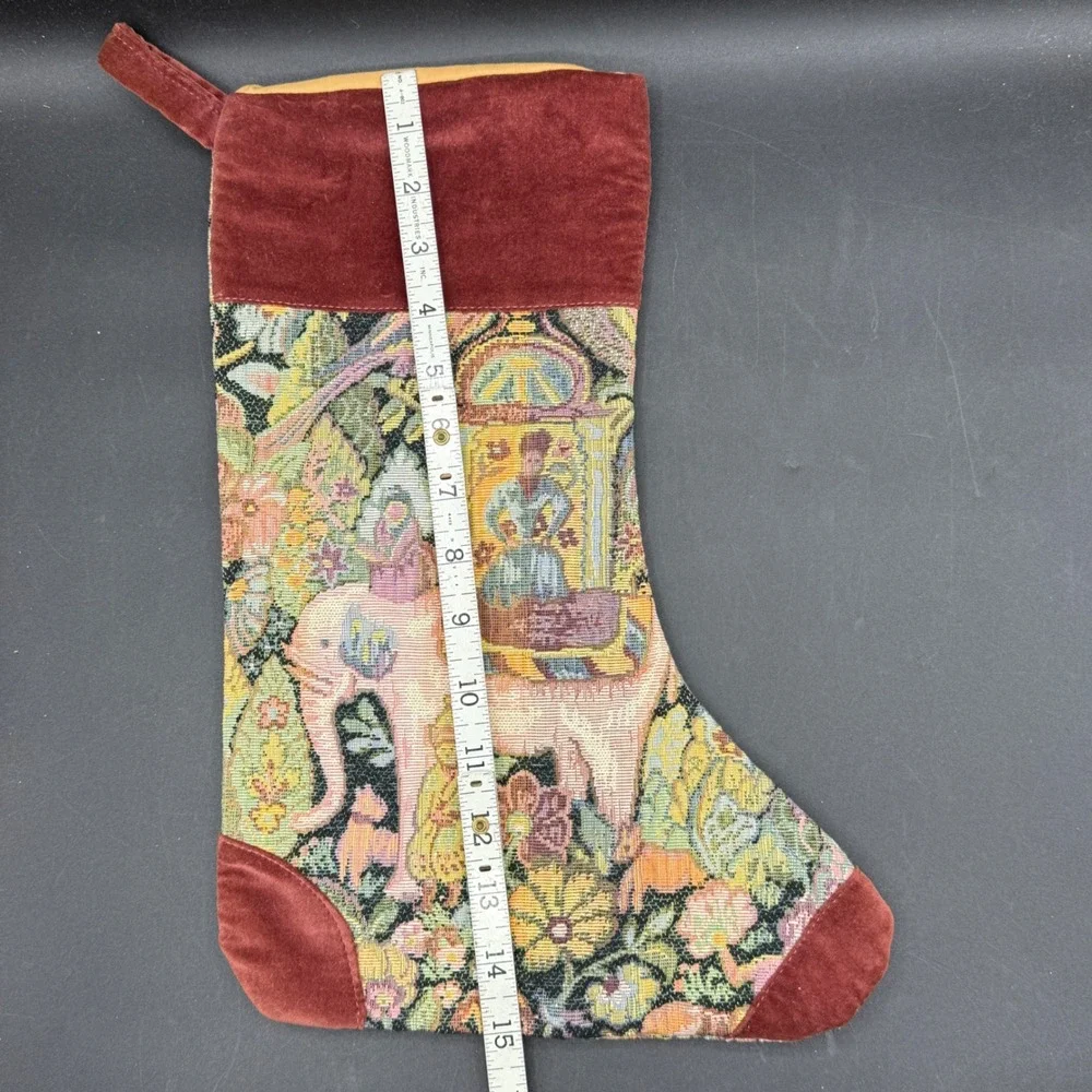 Vintage Tapestry Christmas Stocking Elephant Floral Print Velvet Trim‎ Holiday